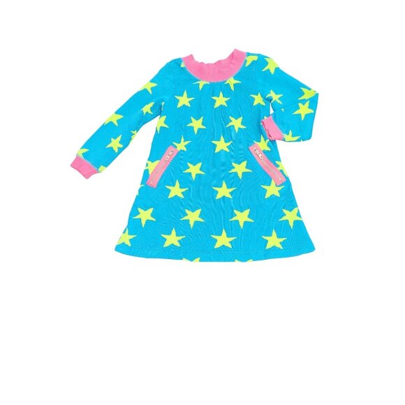 Hanna Andersson Girl 3T Teal Blue Lime Star Print Long Sleeve Pullover Dress - Picture 1 of 6